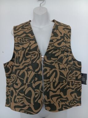 Monica Ahanonu Tan & Dark Green Patterned Utility Vest